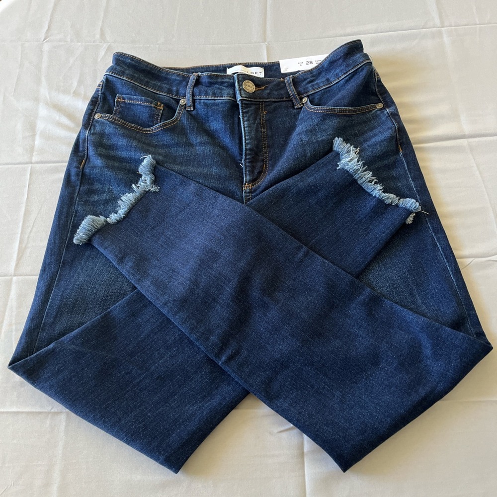 NWT LOFT‎ Curvy Skinny Jeans Size 28 Dark Wash Raw Hem Stretch Denim